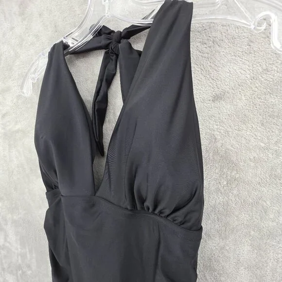 DKNY 1 Piece Swimsuit L Black Halter Ruched Tummy Control Beach Pool Vacay Solid - Picture 4 of 11